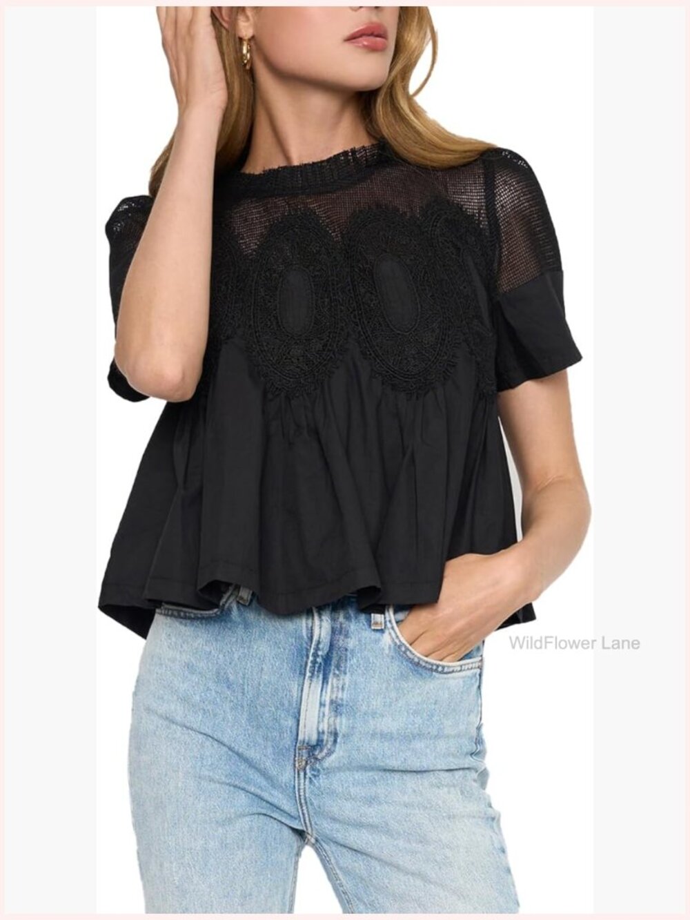 Lace Babydoll Top Short Sleeve Flared Swing Blouse Sheer Mesh Shirt